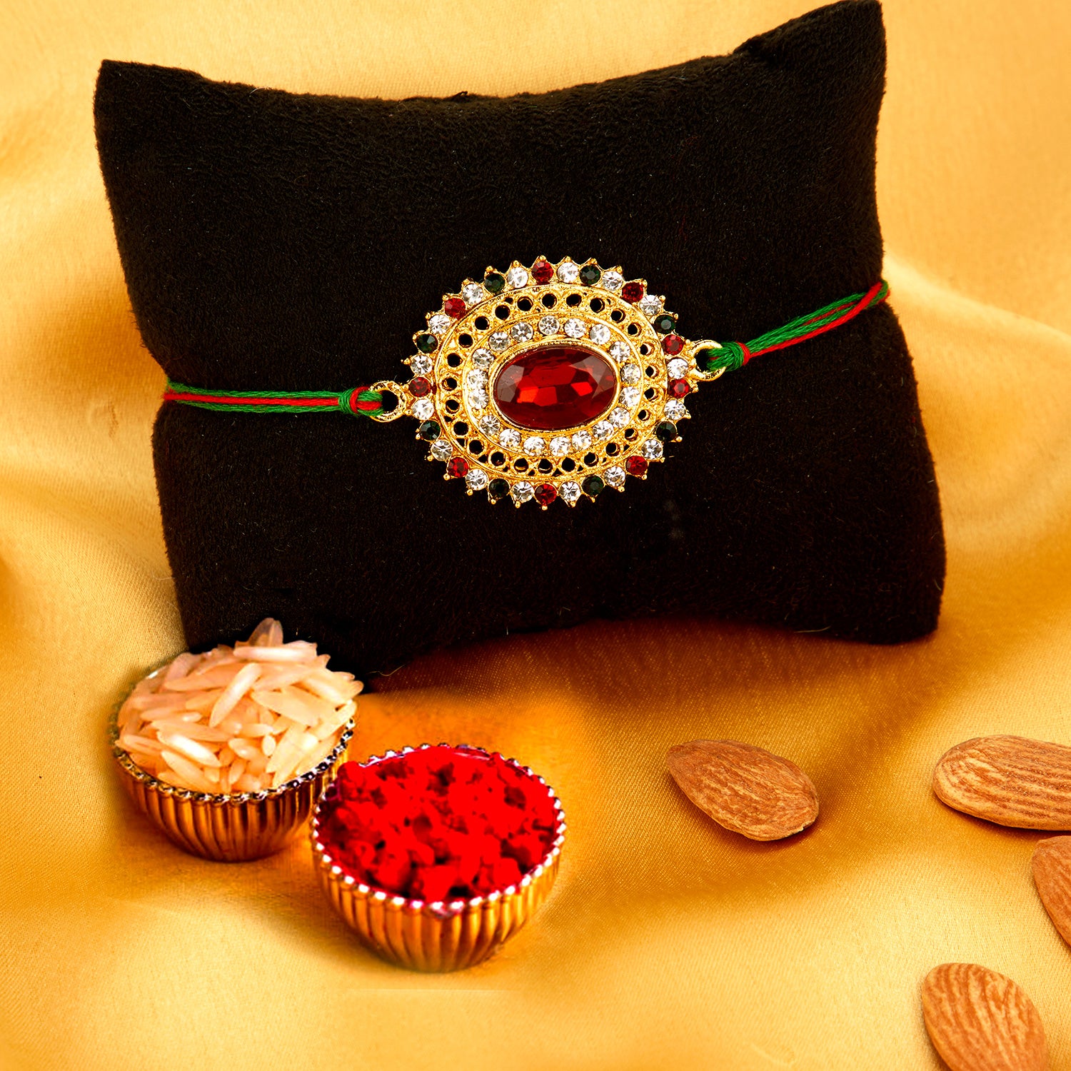 Sukkhi Elegant Gold Plated Bhaiya Bhabhi Rakhi Lumba Set with Roli Chawal and Raksha Bandhan Greeting Card