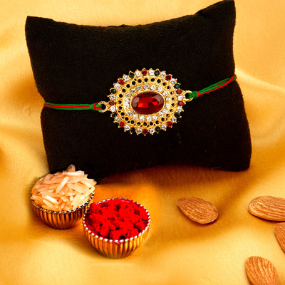 Sukkhi Elegant Gold Plated Bhaiya Bhabhi Rakhi Lumba Set with Roli Chawal and Raksha Bandhan Greeting Card