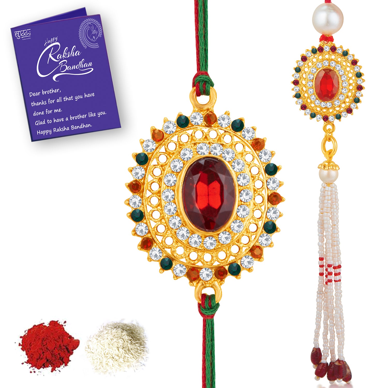 Sukkhi Elegant Gold Plated Bhaiya Bhabhi Rakhi Lumba Set with Roli Chawal and Raksha Bandhan Greeting Card