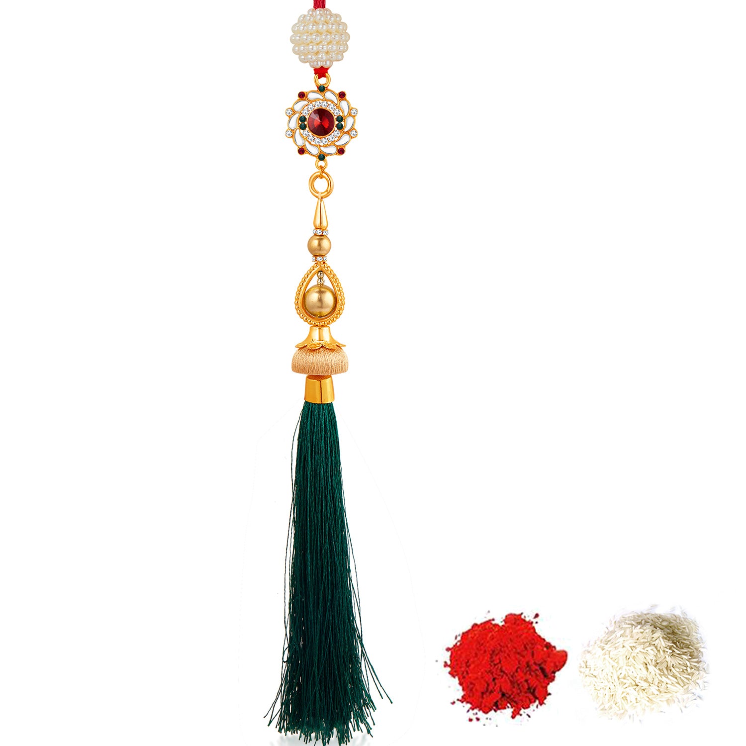 Sukkhi Exclusive Gold Plated Bhaiya Bhabhi Rakhi Lumba Set with Roli Chawal and Raksha Bandhan Greeting Card