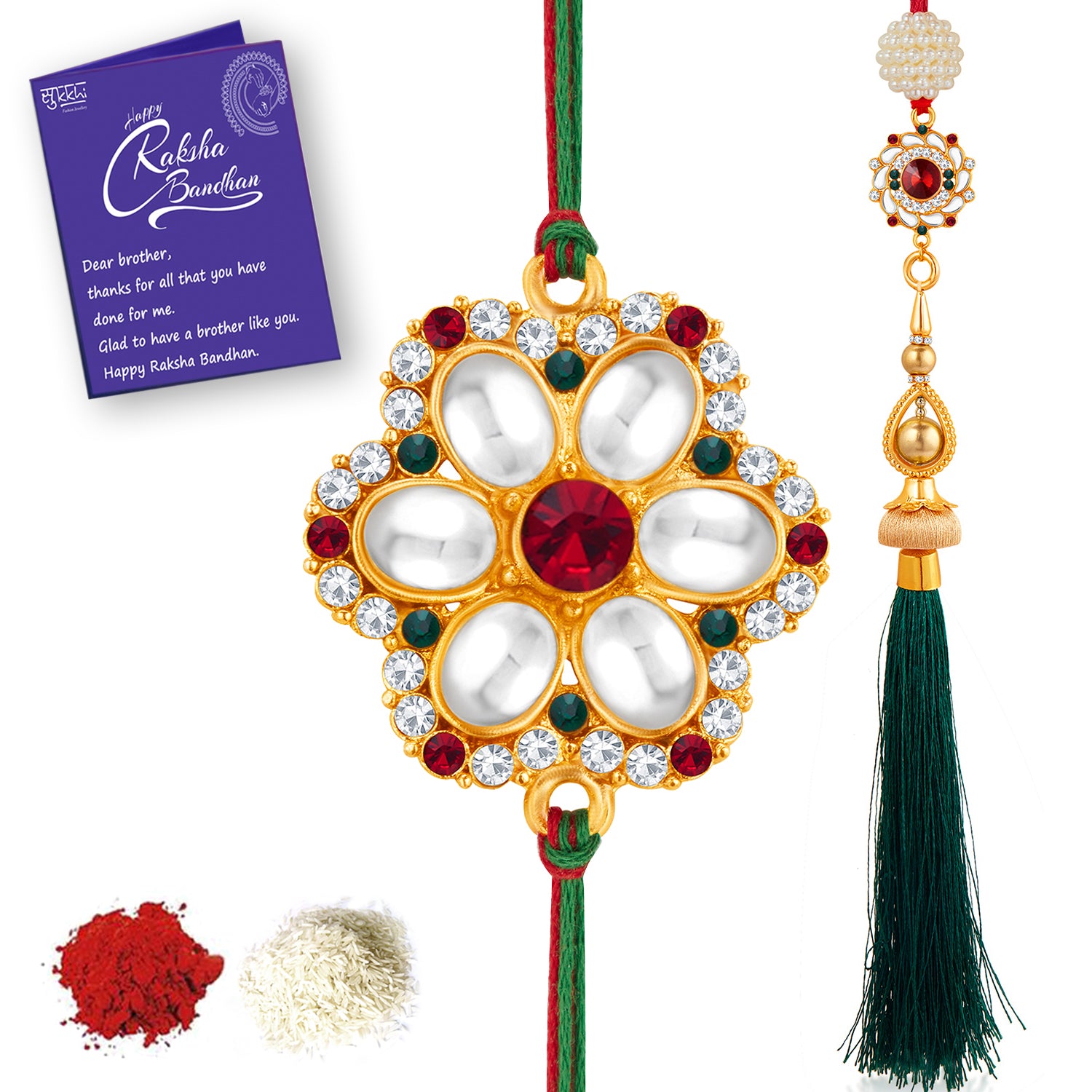 Sukkhi Exclusive Gold Plated Bhaiya Bhabhi Rakhi Lumba Set with Roli Chawal and Raksha Bandhan Greeting Card