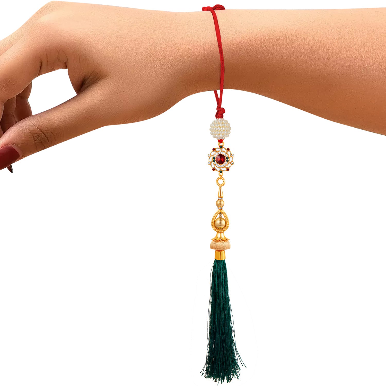 Sukkhi Exclusive Gold Plated Bhaiya Bhabhi Rakhi Lumba Set with Roli Chawal and Raksha Bandhan Greeting Card