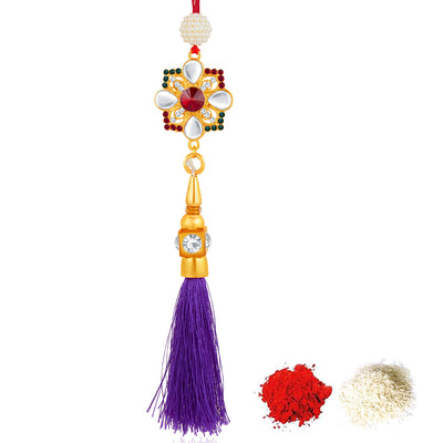 Sukkhi Glorious Gold Plated Bhaiya Bhabhi Rakhi Lumba Set with Roli Chawal and Raksha Bandhan Greeting Card