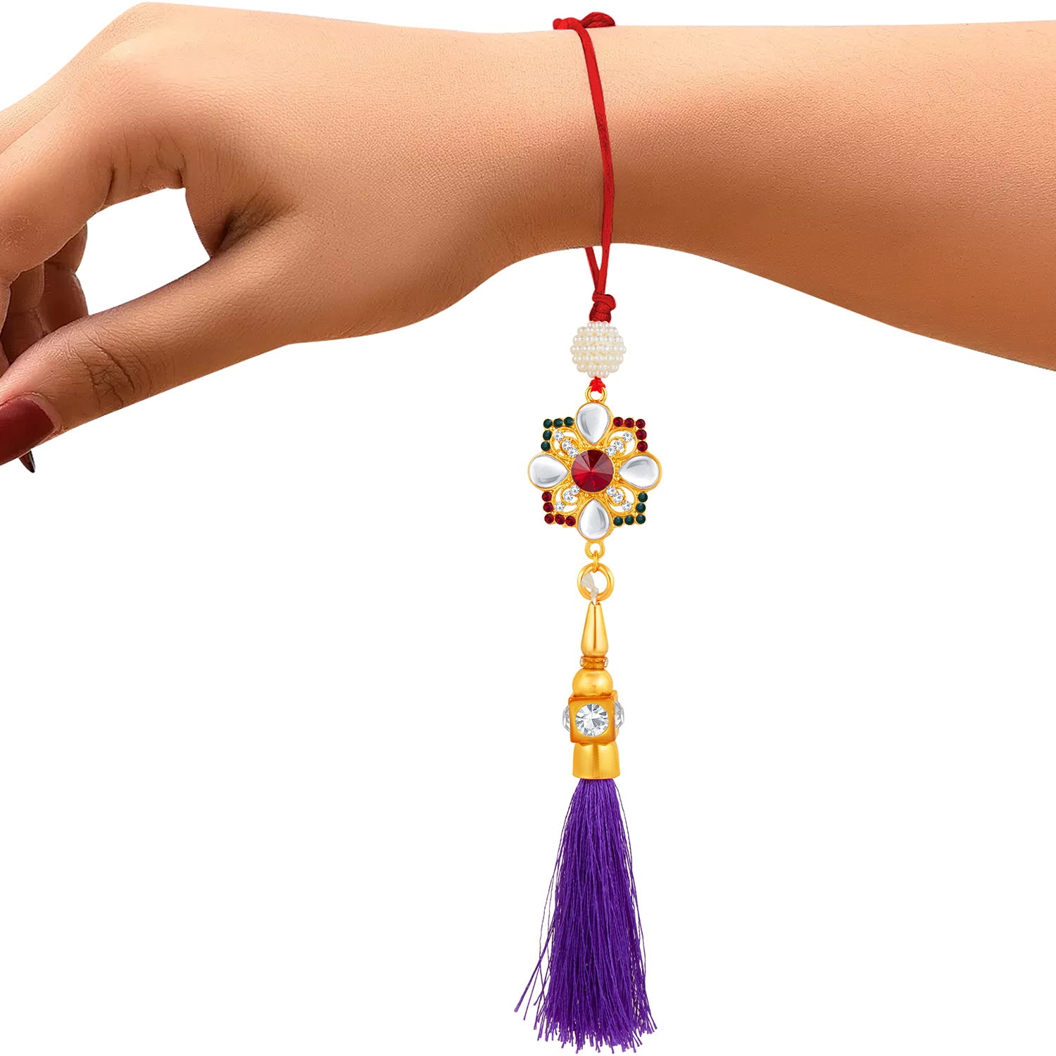 Sukkhi Glorious Gold Plated Bhaiya Bhabhi Rakhi Lumba Set with Roli Chawal and Raksha Bandhan Greeting Card