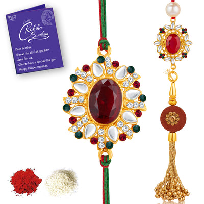 Sukkhi Dazzling Gold Plated Bhaiya Bhabhi Rakhi Lumba Set with Roli Chawal and Raksha Bandhan Greeting Card