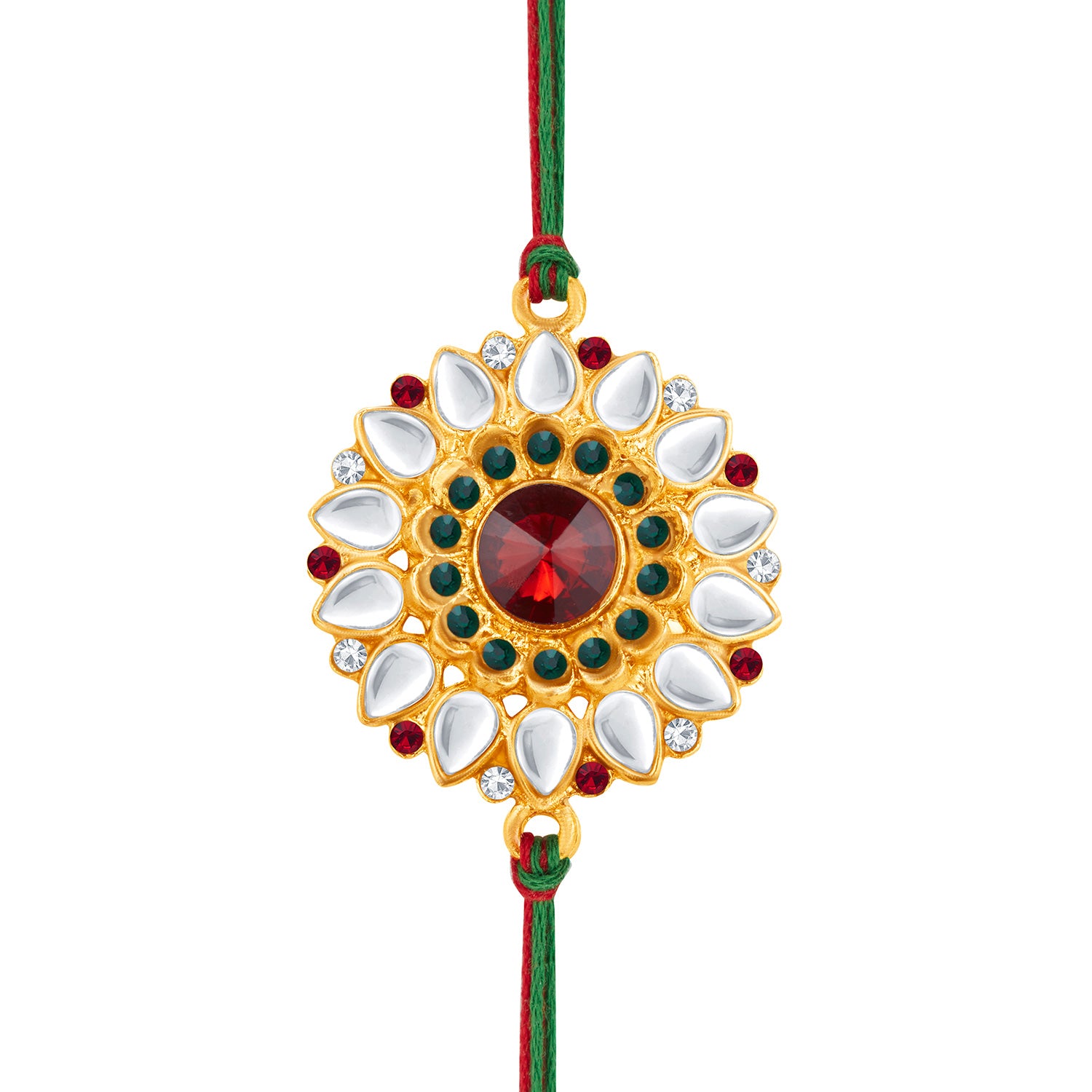 Sukkhi Classic Gold Plated Bhaiya Bhabhi Rakhi Lumba Set with Roli Chawal and Raksha Bandhan Greeting Card