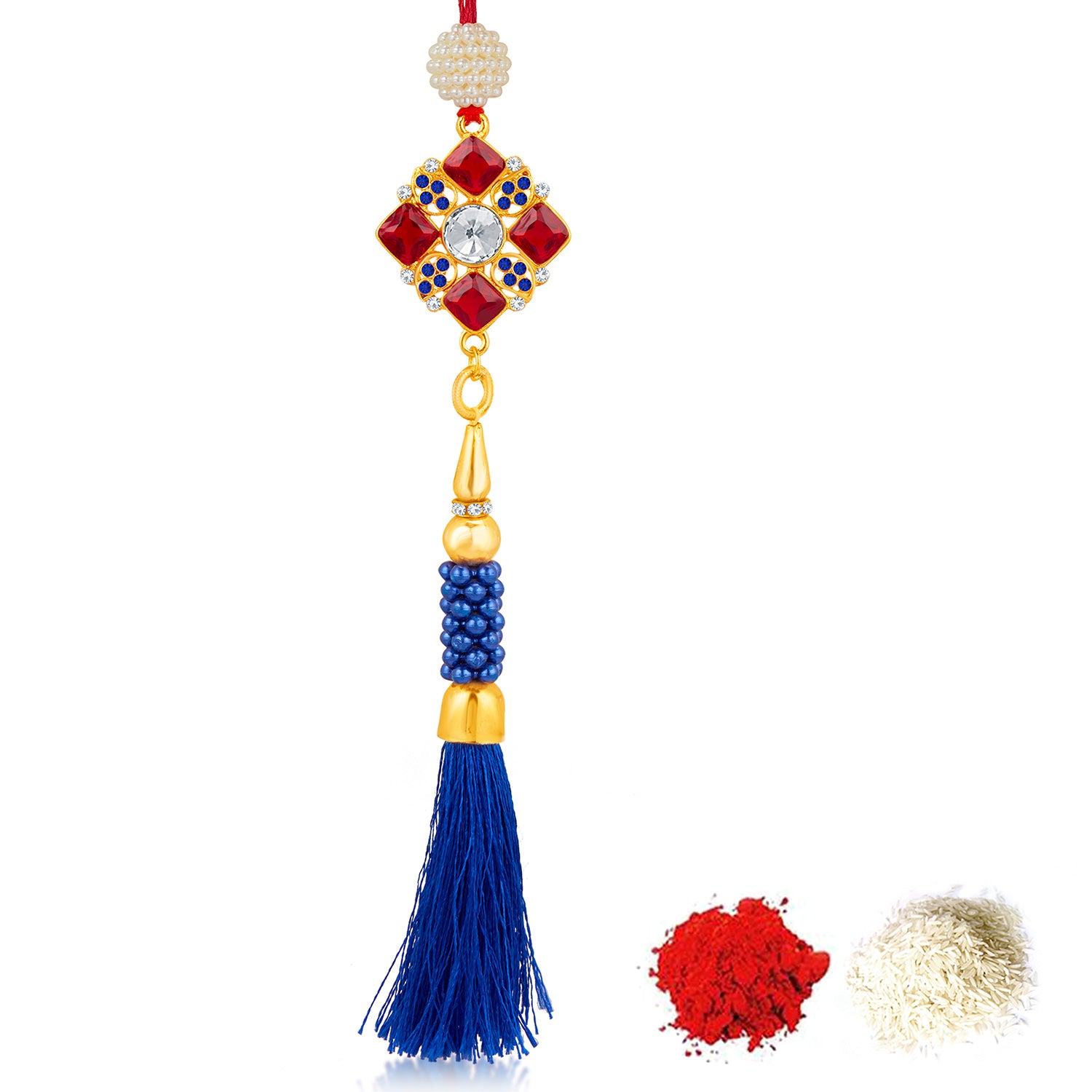 Sukkhi Splendid Gold Plated Bhaiya Bhabhi Rakhi Lumba Set with Roli Chawal and Raksha Bandhan Greeting Card