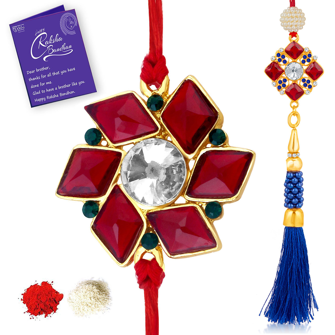 Sukkhi Splendid Gold Plated Bhaiya Bhabhi Rakhi Lumba Set with Roli Chawal and Raksha Bandhan Greeting Card