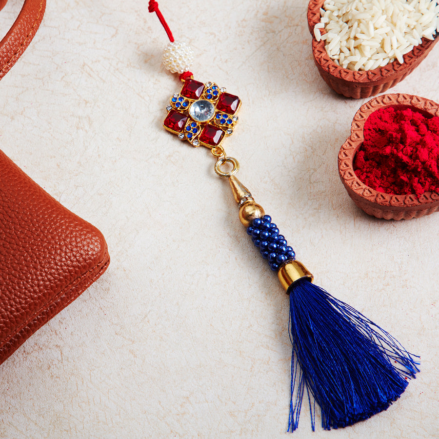 Sukkhi Splendid Gold Plated Bhaiya Bhabhi Rakhi Lumba Set with Roli Chawal and Raksha Bandhan Greeting Card