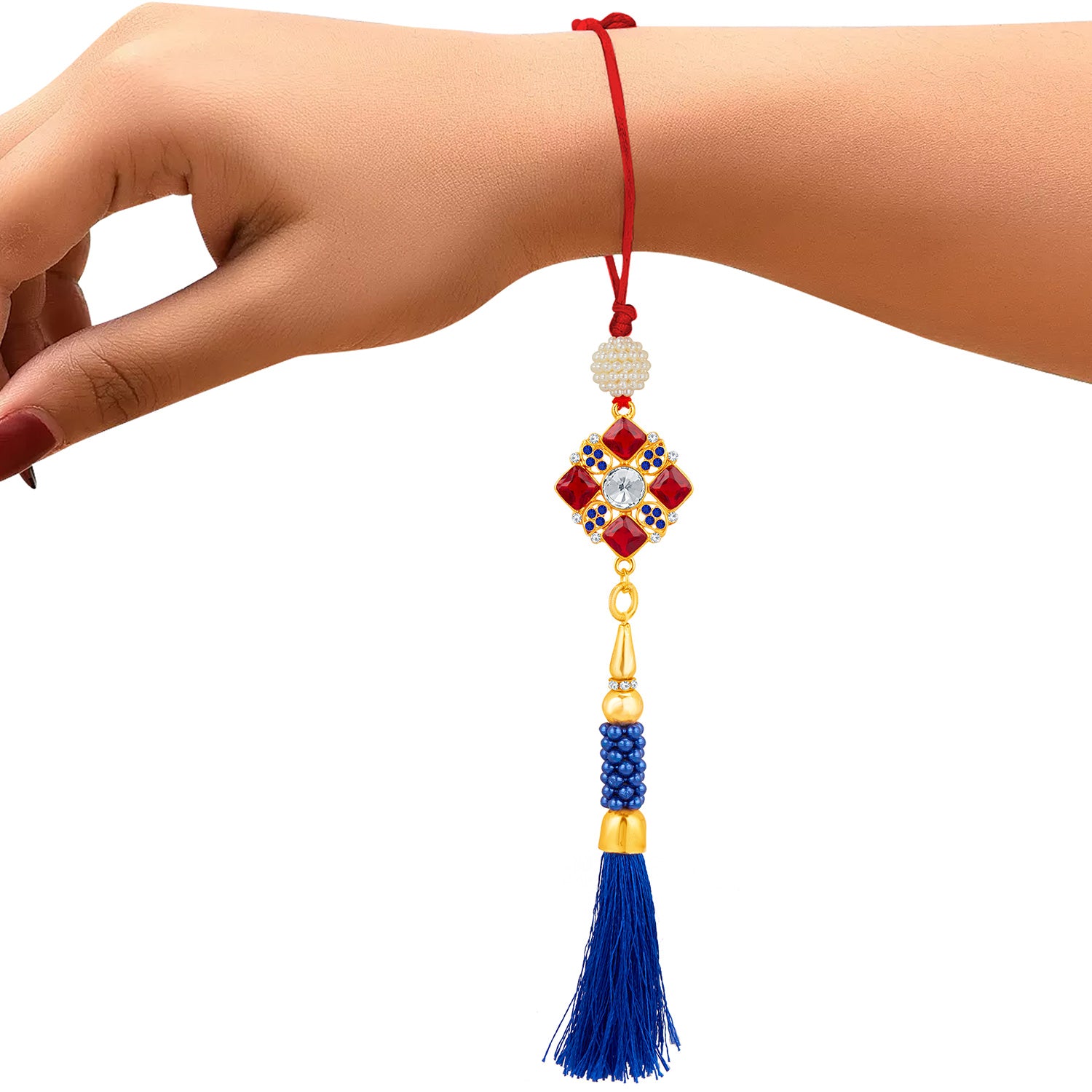 Sukkhi Splendid Gold Plated Bhaiya Bhabhi Rakhi Lumba Set with Roli Chawal and Raksha Bandhan Greeting Card