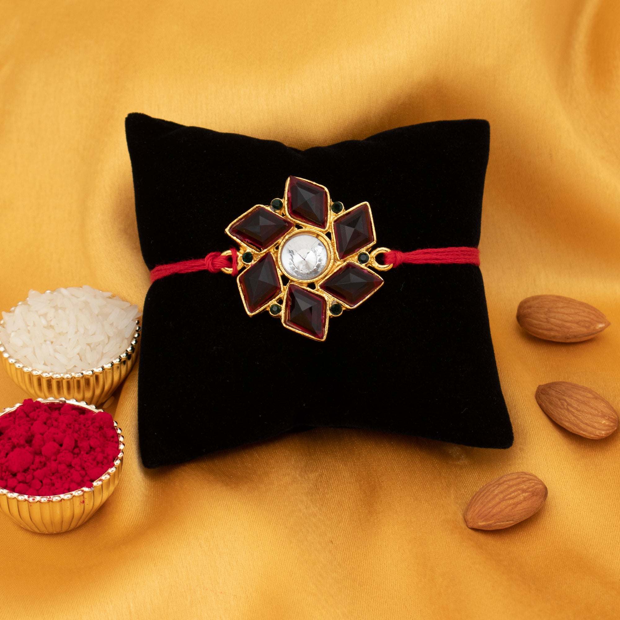 Sukkhi Splendid Gold Plated Bhaiya Bhabhi Rakhi Lumba Set with Roli Chawal and Raksha Bandhan Greeting Card