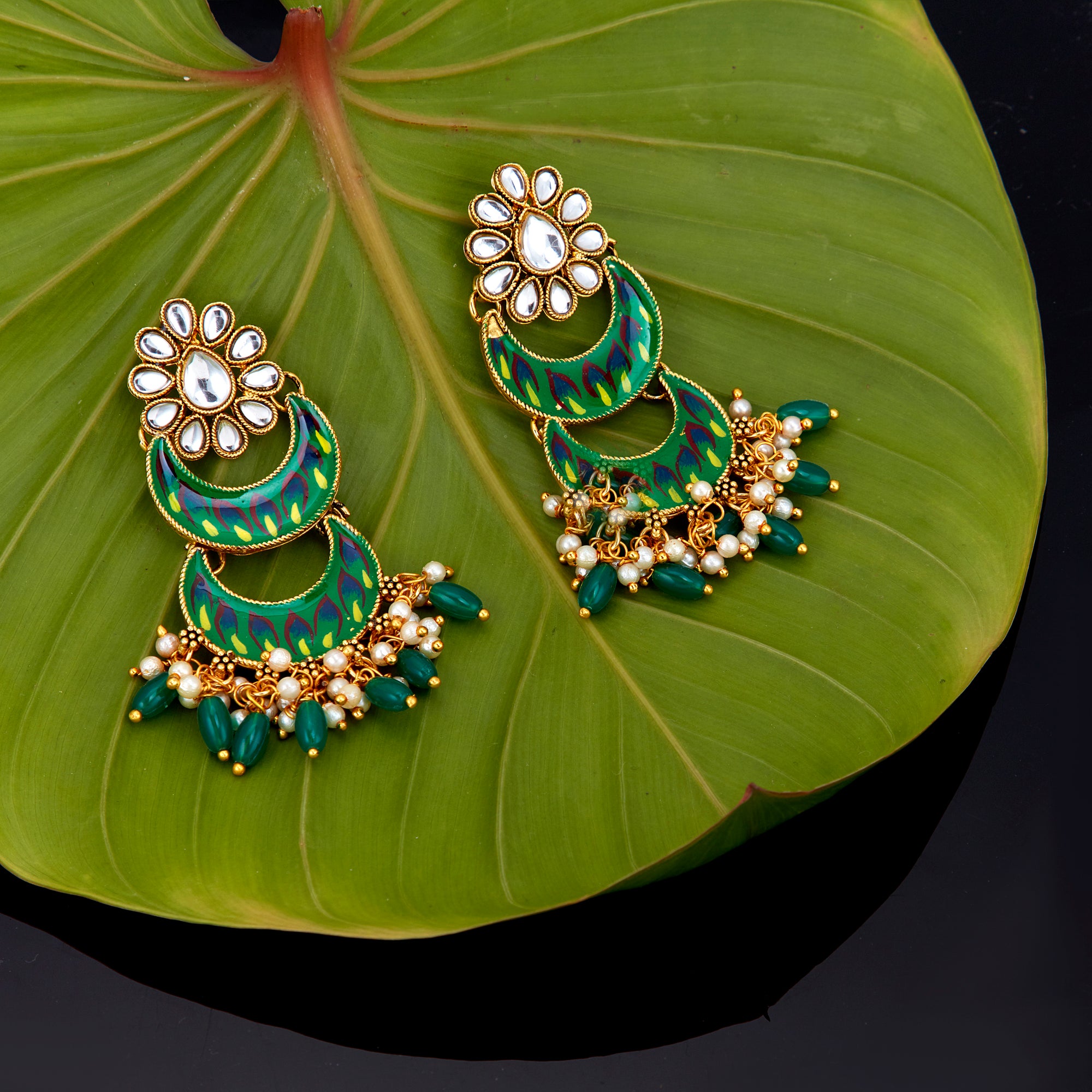 Sukkhi Glimmery Pearl Gold Plated Meenakari Chandbali Earring for Women