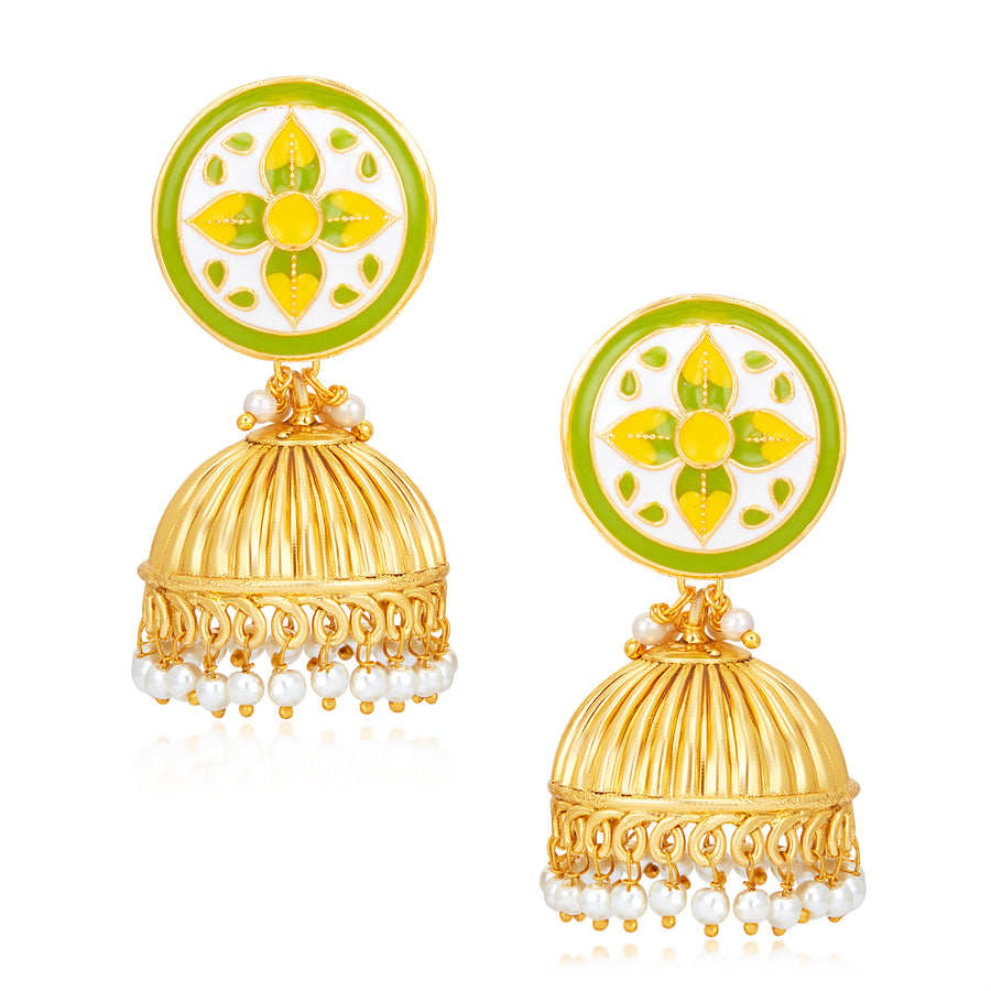 Sukkhi Marvelous Pearl Gold Plated Meenakari Jhumki Earring for Women