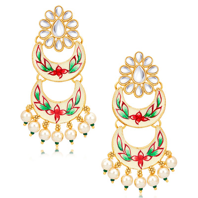 Sukkhi Attractive Pearl Gold Plated Kundan Meenakari Chandbali Earring for Women (E100403)