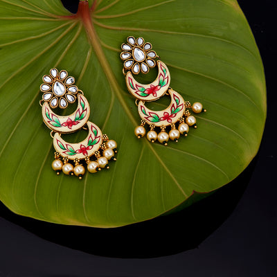 Sukkhi Attractive Pearl Gold Plated Kundan Meenakari Chandbali Earring for Women (E100403)