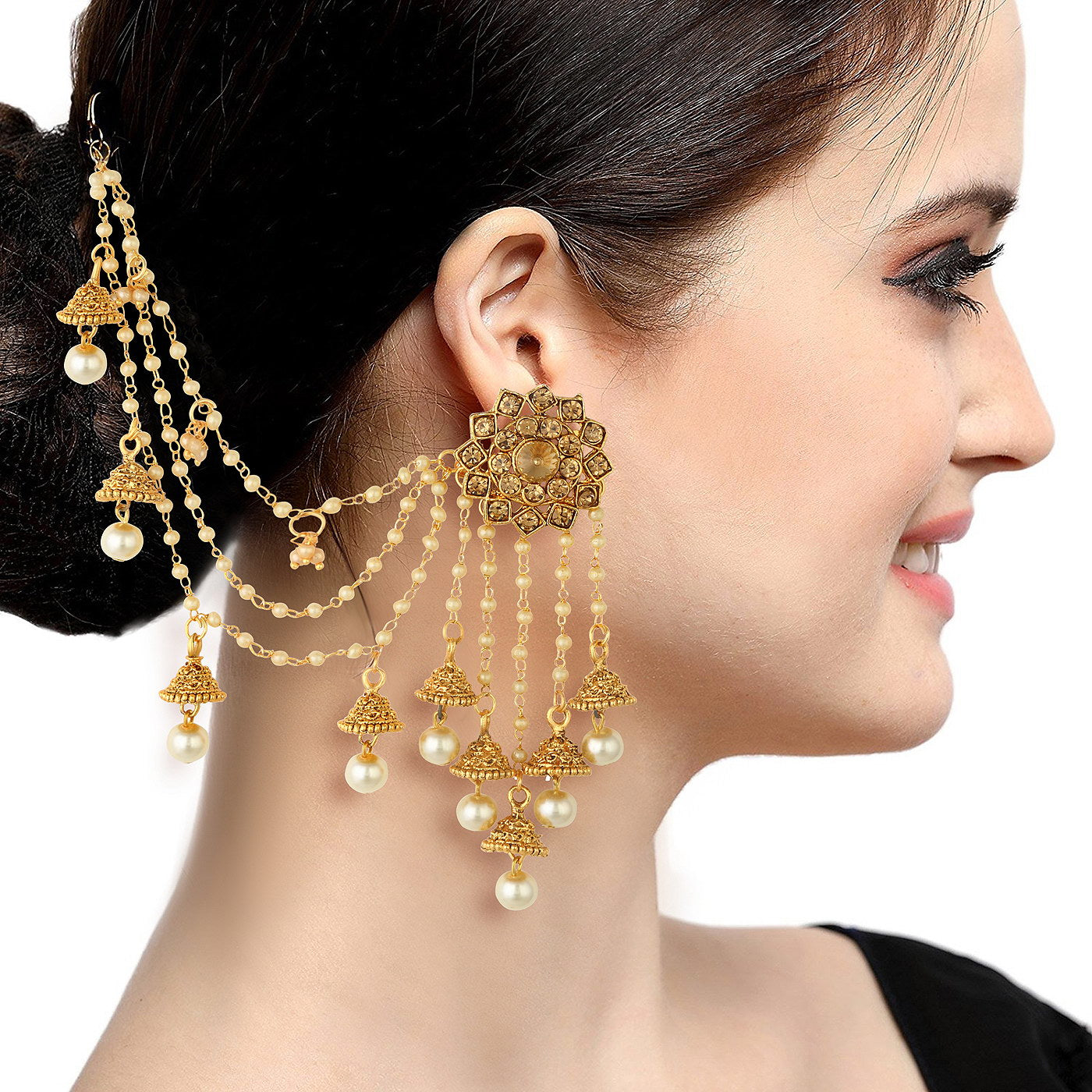 Priyaasi Ethnic Peacock Jhumka Earrings for Women  GoldPlated  Pearl  Drop  Kemp Stone Earrings with Hair Chain  Pushback Closure  Brass Metal   Chain Earrings for Wedding Puja Festivals  Amazonin Fashion