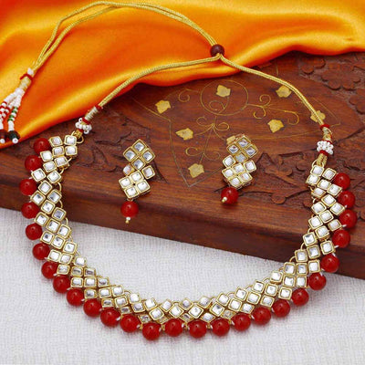Sukkhi Kundan Modish Gold Plated Red Choker Necklace Set for Women