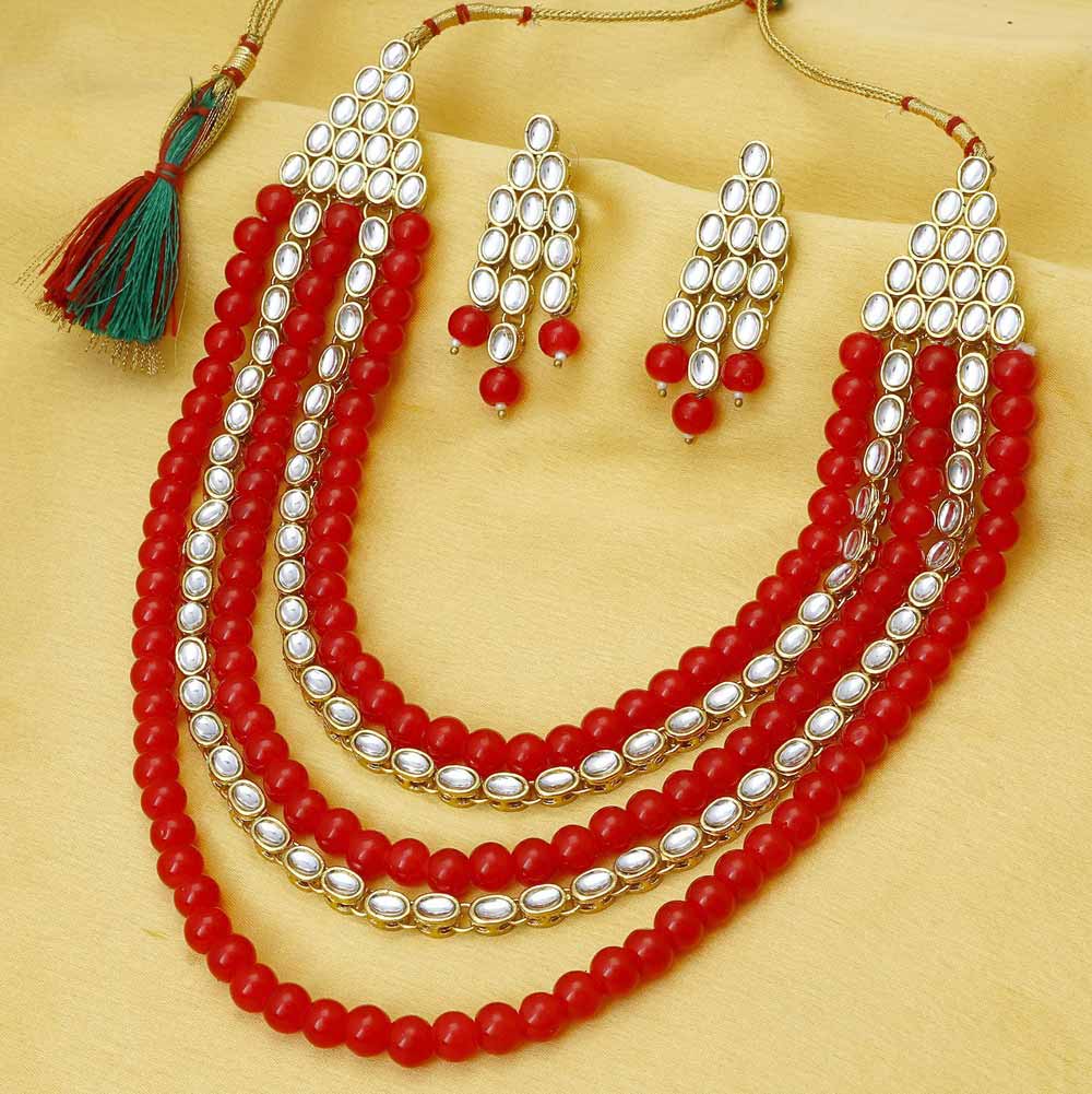 Sukkhi Kundan Astonish Gold Plated Long Haram Red Necklace Set for Women