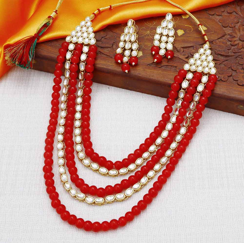 Sukkhi Kundan Astonish Gold Plated Long Haram Red Necklace Set for Women