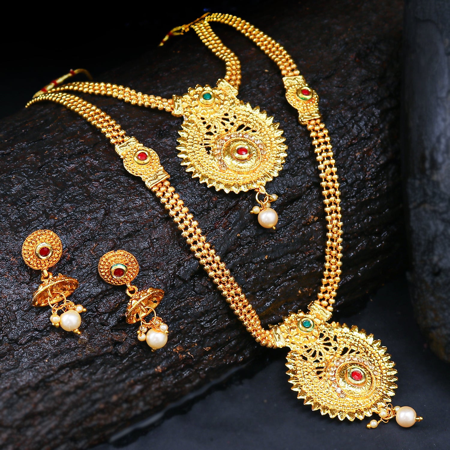 Gold long necklace on sale set with price