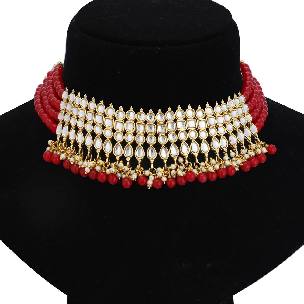 Sukkhi Kundan Modish Gold Plated Red Choker Necklace Set for women