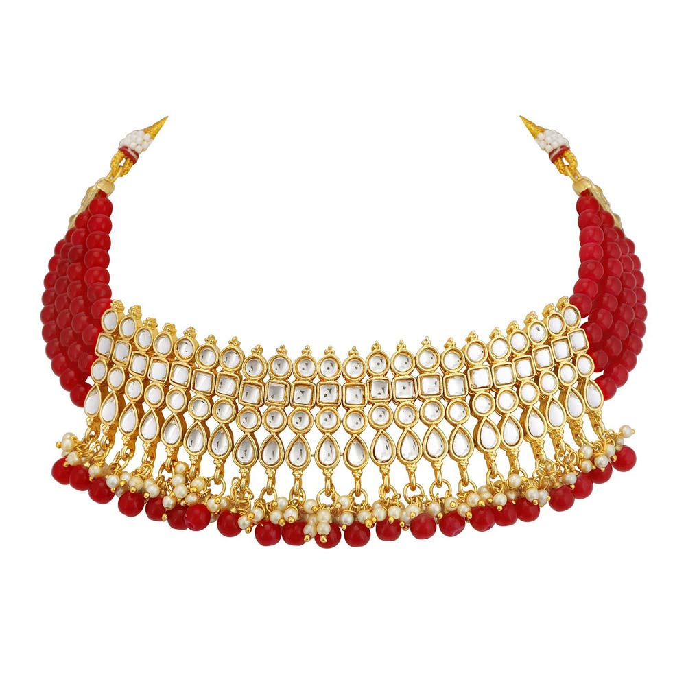 Sukkhi Kundan Modish Gold Plated Red Choker Necklace Set for women