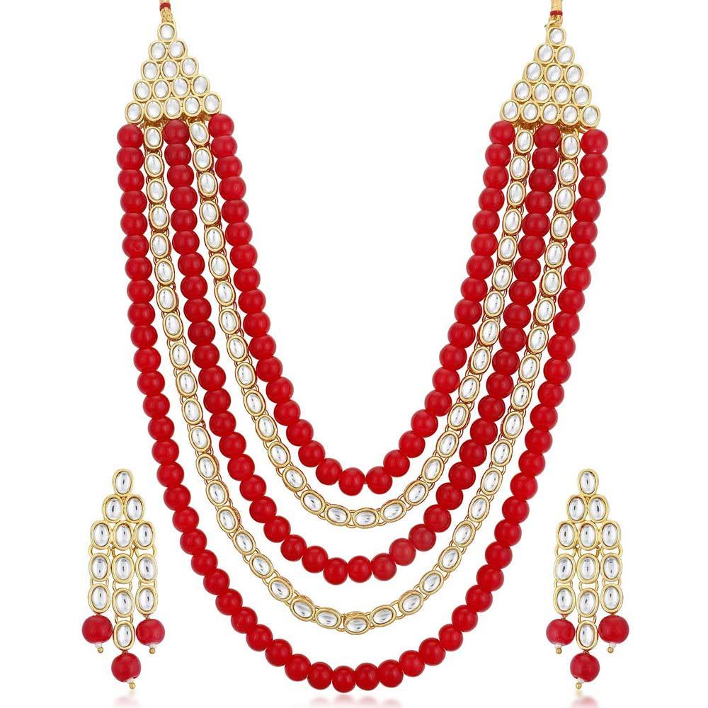 Sukkhi Kundan Astonish Gold Plated Long Haram Red Necklace Set for Women