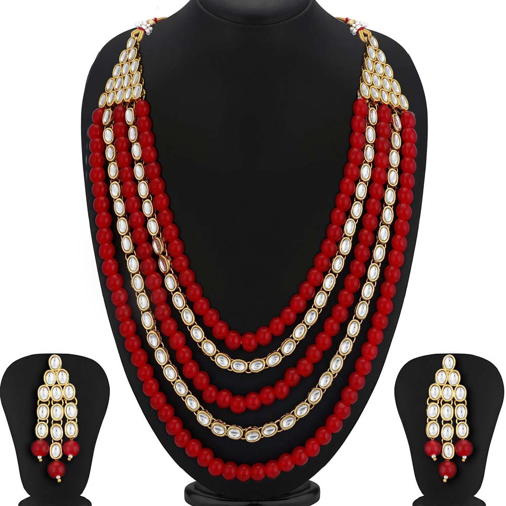 Sukkhi Kundan Astonish Gold Plated Long Haram Red Necklace Set for Women