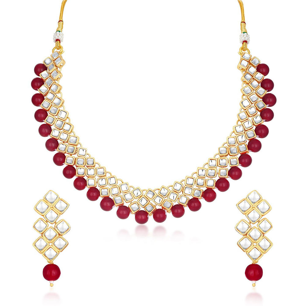 Sukkhi Kundan Modish Gold Plated Red Choker Necklace Set for Women