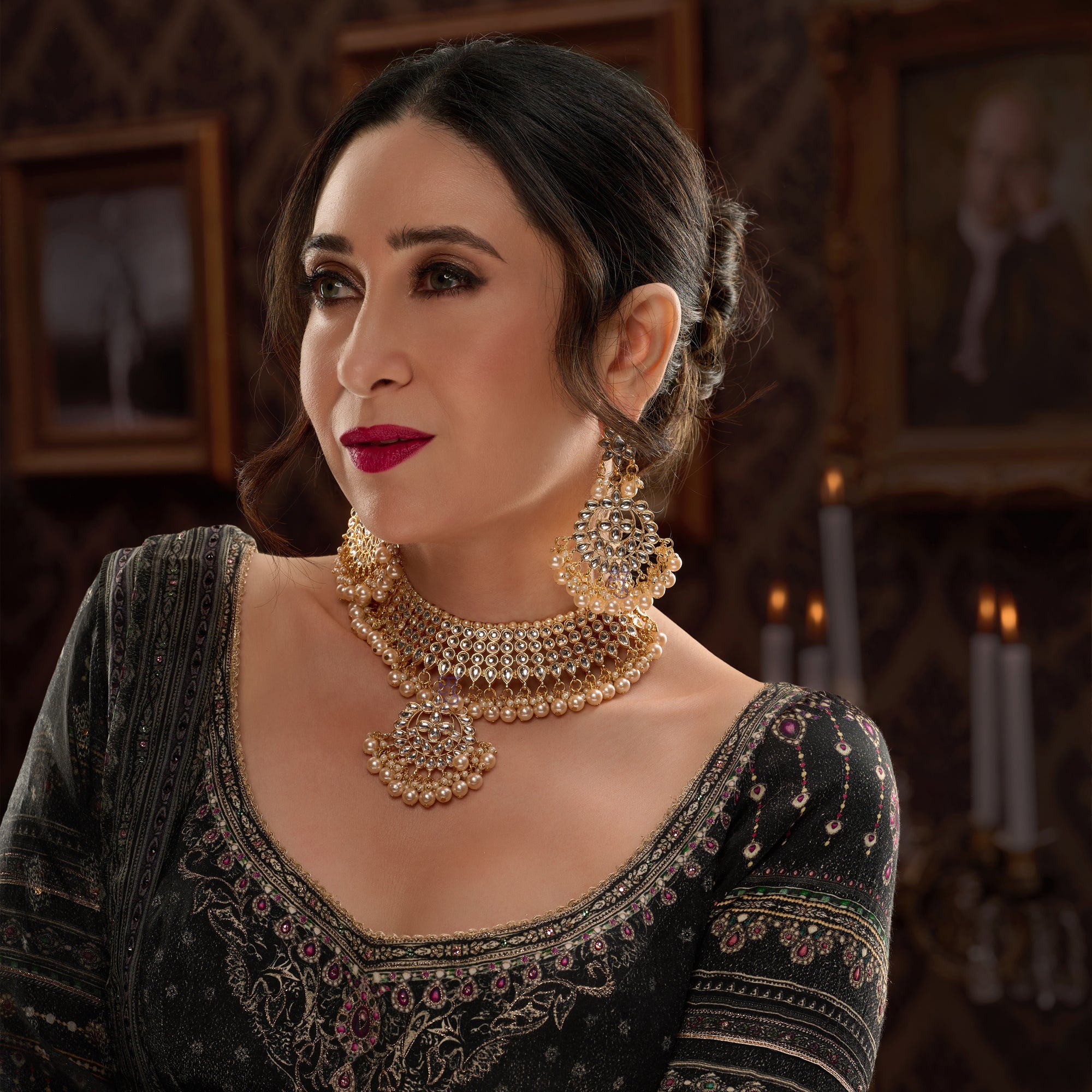 Sukkhi Trendy Gold Plated Kundan & Pearl Choker Necklace Set Worn By Karisma Kapoor