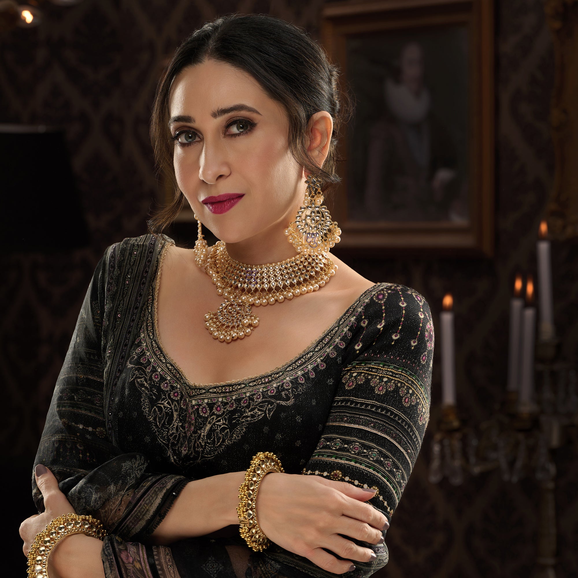 Sukkhi Trendy Gold Plated Kundan & Pearl Choker Necklace Set Worn By Karisma Kapoor
