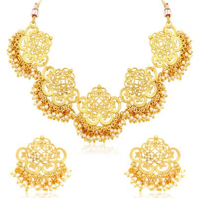 Sukkhi Gold Plated Filigree Pearl Necklace Set For Women