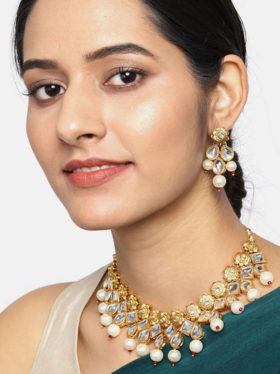 Sukkhi Elegant Kundan Gold Plated Pearl Floral Choker Necklace Set for Women