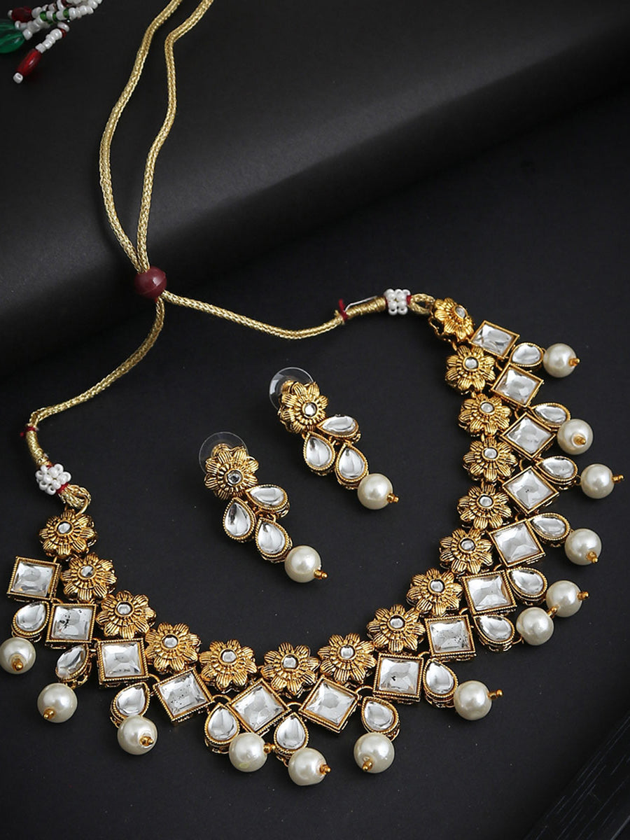 Sukkhi Elegant Kundan Gold Plated Pearl Floral Choker Necklace Set for Women