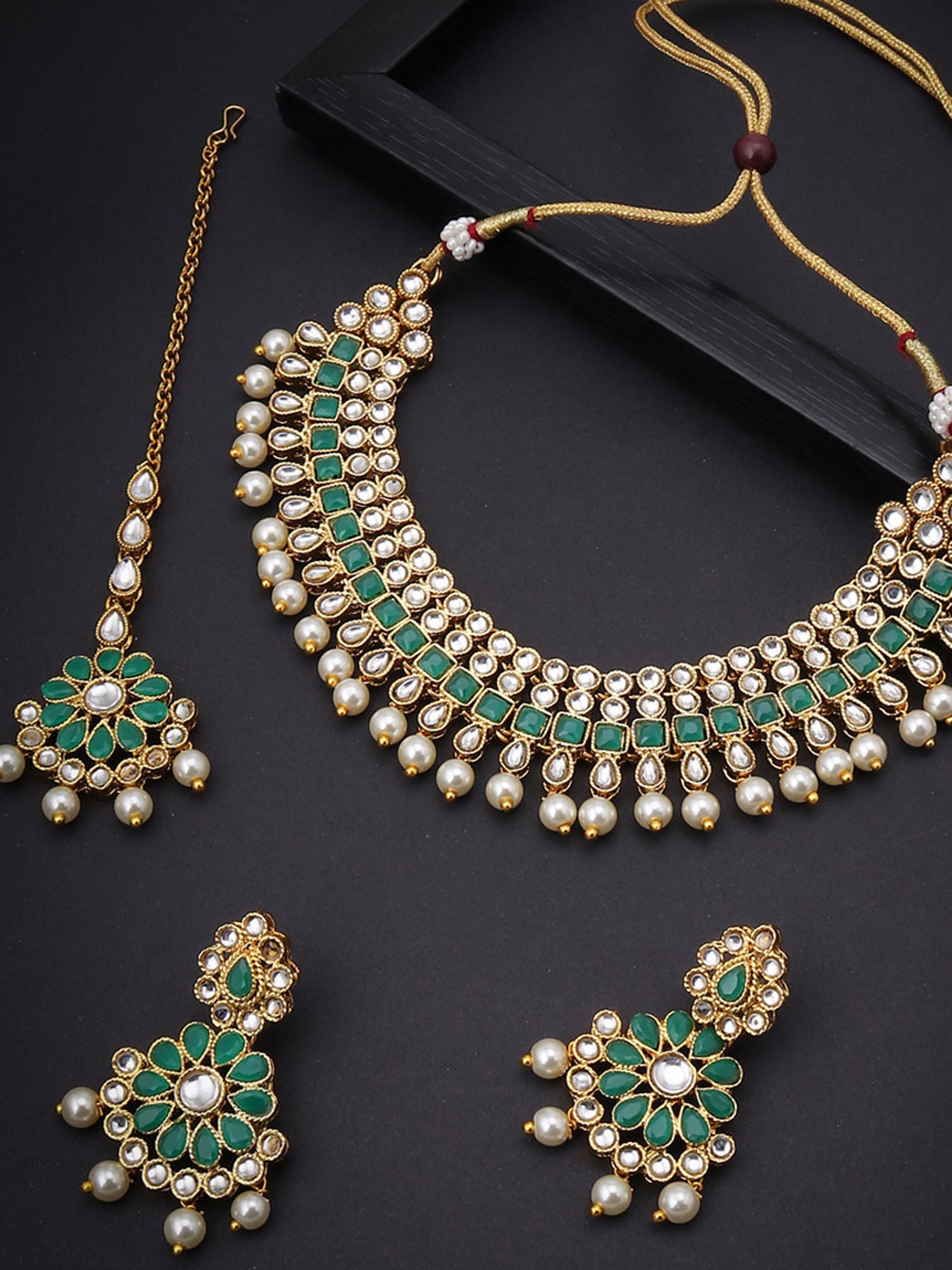 Sukkhi Antique Kundan Gold Plated Pearl Collar Necklace Set for Women