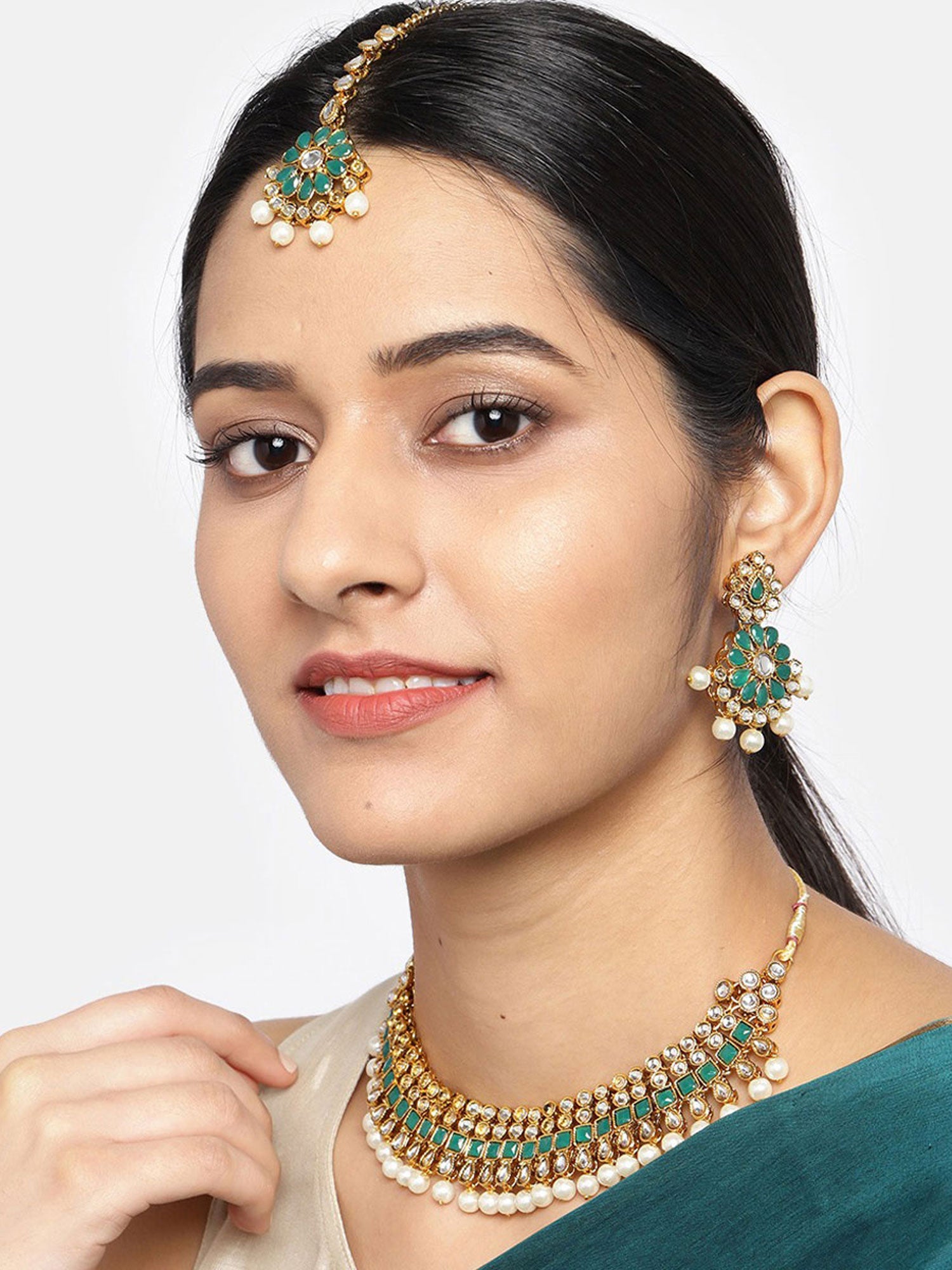 Sukkhi Antique Kundan Gold Plated Pearl Collar Necklace Set for Women