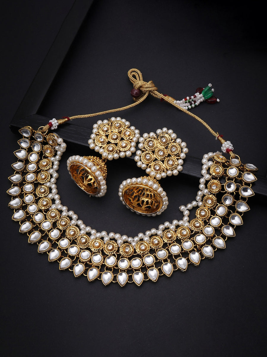 Sukkhi Youthful Kundan Gold Plated Pearl Collar Necklace Set for Women