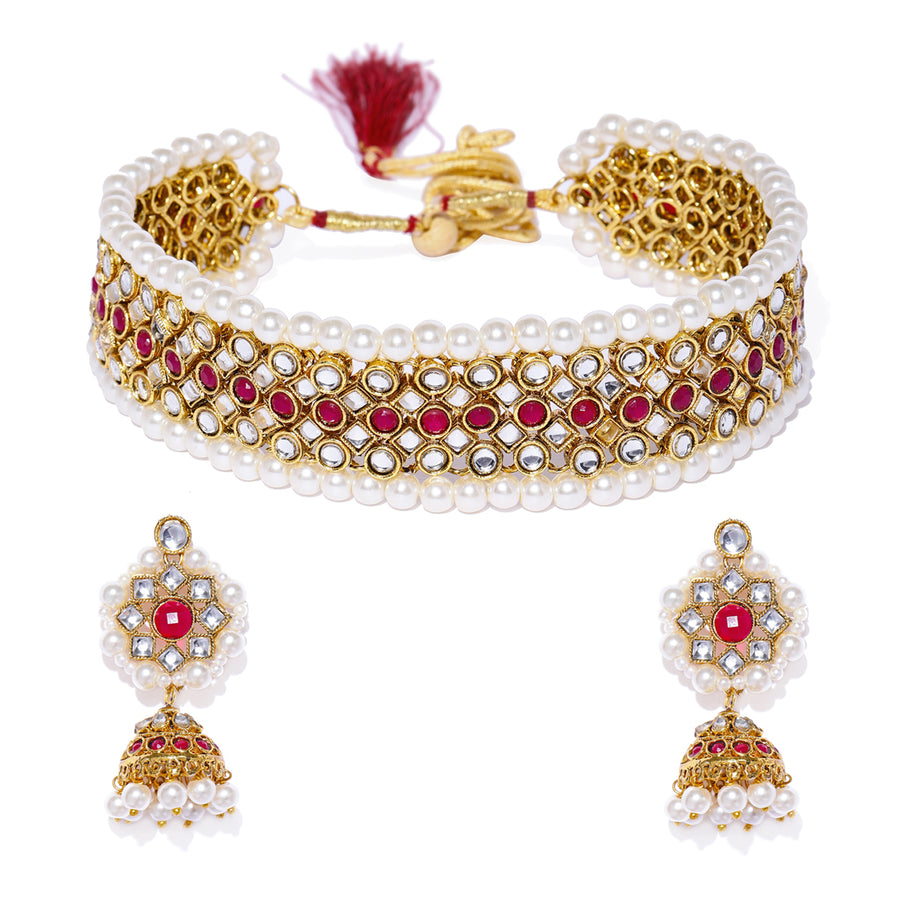 Sukkhi Charming Pearl Gold Plated Choker Necklace Set for Women