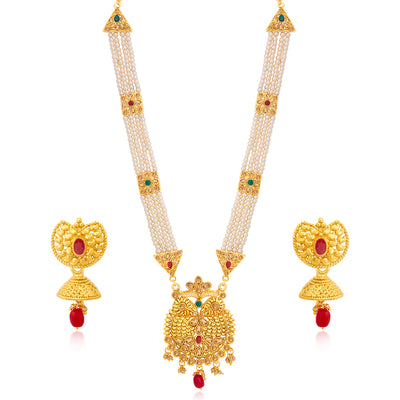 Sukkhi Dazzling Gold Plated Pearl Long Haram Necklace Set For Women