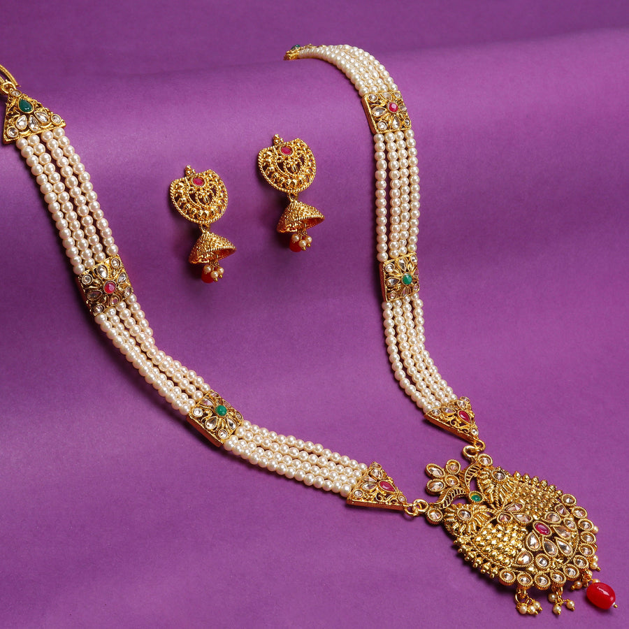 Sukkhi Dazzling Gold Plated Pearl Long Haram Necklace Set For Women