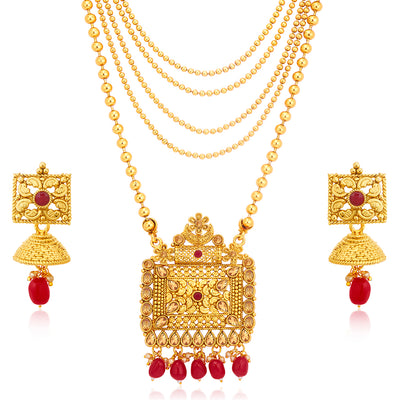 Sukkhi Floral LCT Gold Plated Long Haram Necklace Set For Women