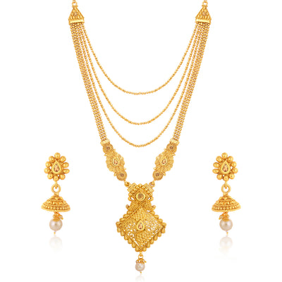 Sukkhi Lovely Gold Plated Pearl Long Haram Necklace Set For Women