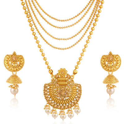Sukkhi Gleaming LCT Gold Plated Pearl Long Haram Necklace Set For Women