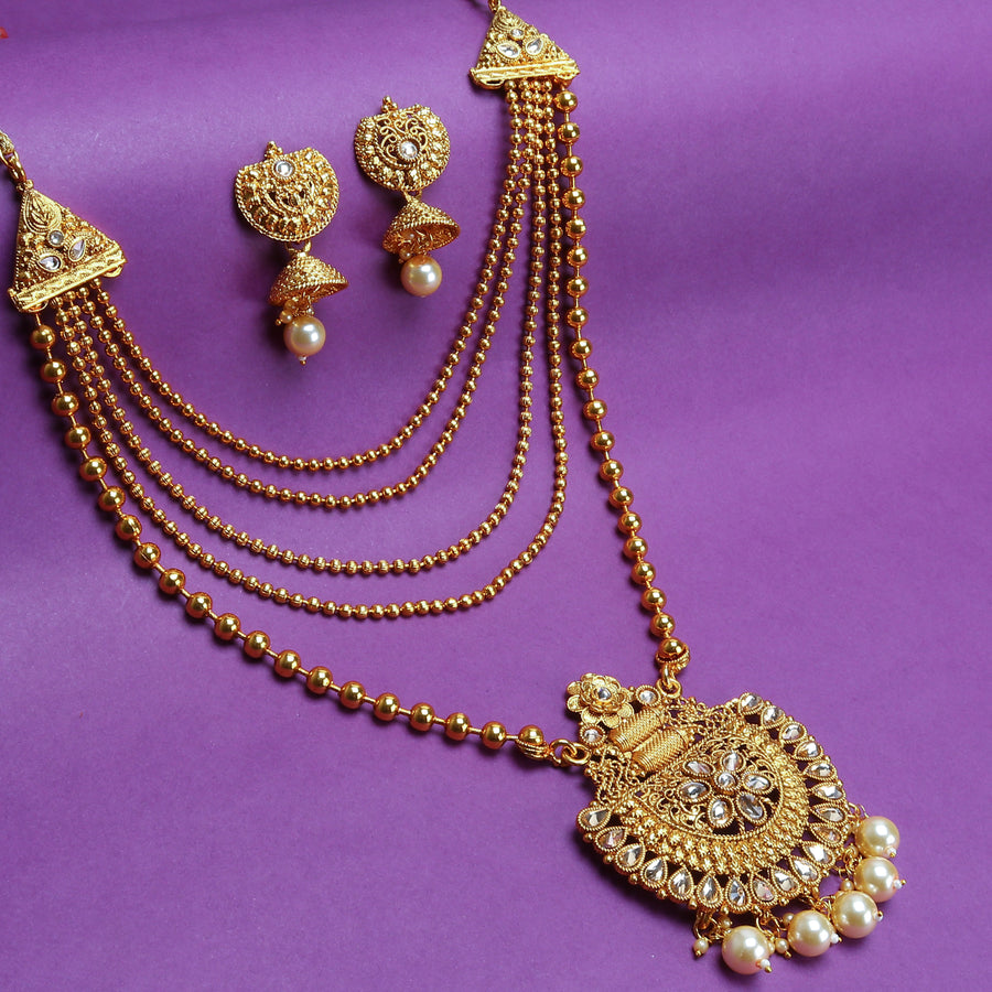 Sukkhi Gleaming LCT Gold Plated Pearl Long Haram Necklace Set For Women
