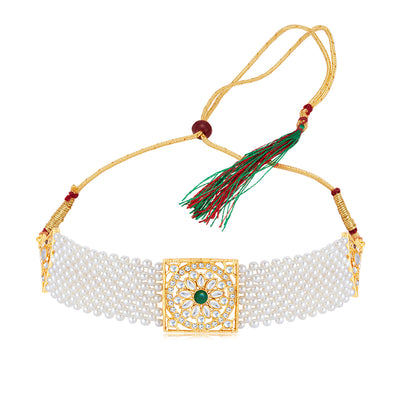 Sukkhi Delicate Kundan Gold Plated Pearl Choker Necklace Set for Women