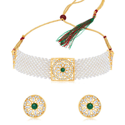 Sukkhi Delicate Kundan Gold Plated Pearl Choker Necklace Set for Women