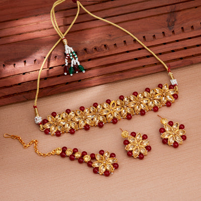 Sukkhi Bright Maroon Gold Plated LCT & Pearl Choker Necklace Set for Women