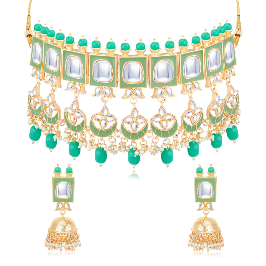 Sukkhi Elegant Gold Plated Meenakari Choker Necklace Set for Women