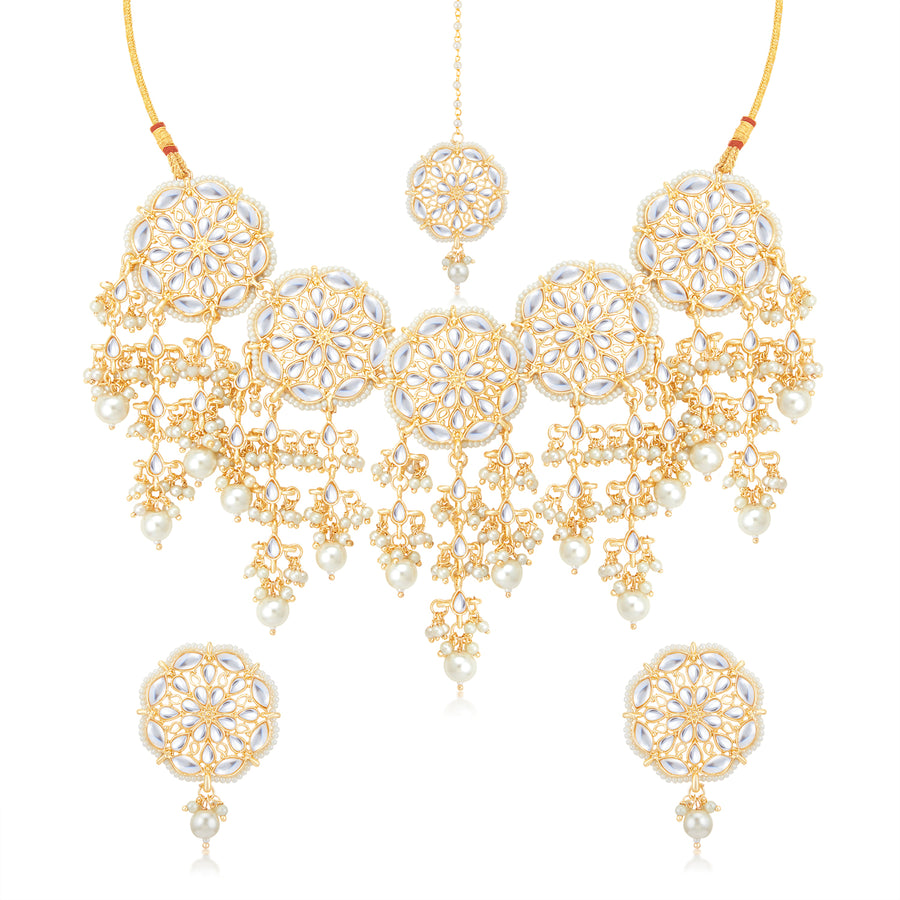 Sukkhi Pretty Gold Plated Kundan & Pearl Choker Necklace Set for Women