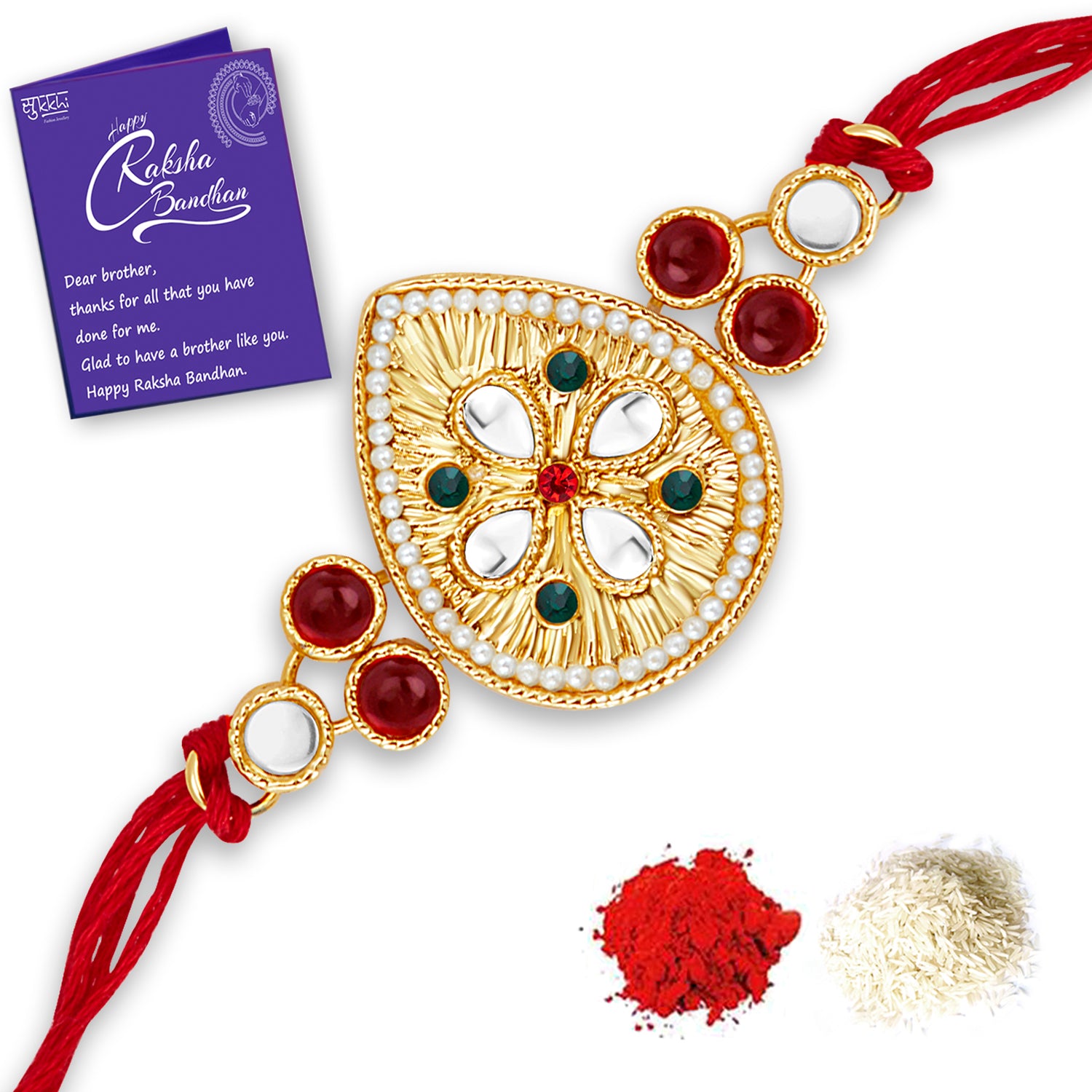 Sukkhi Incrediable Gold Plated Rakhi with Roli Chawal and Raksha Bandhan Greeting Card for Men